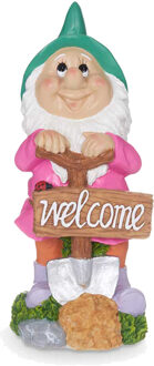 Giftdecor Tuinkabouter beeldje met Welcome bord - Polyresin - muts groen - 27 cm - decoratie dwerg - Tuinbeelden