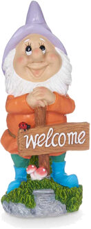 Giftdecor Tuinkabouter beeldje met Welcome bord - Polyresin - muts paars - 27 cm - decoratie dwergen