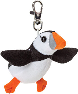 Gifts Pluche knuffeldier Papegaaiduiker vogel sleutelhanger - zwart/wit - 9 cm - clip sluiting - Vogel knuffels Multikleur