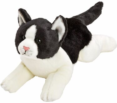 Gifts Pluche poes/kat knuffeldier - liggend - zwart/wit - 33 cm - Knuffel huisdieren