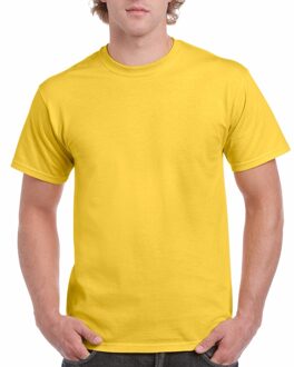 Gildan Set van 2x stuks gele katoenen t-shirts voor heren 100% katoen - zware 200 grams kwaliteit - Basic shirts, maat: S (36/48)