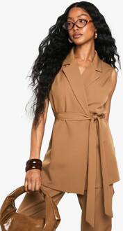 Gilet Met Gebonden Taille En Schoudervulling, Mocha - 40