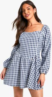 Gingham Mini Jurk Met Lange Mouwen, Navy - 38
