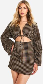 Gingham Mini-Jurk Met Volumineuze Mouwen, Brown - 36