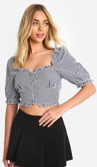 Gingham Ruffle Zoom Crop Top Met Pofmouwen, Black