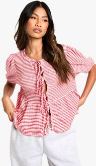 Gingham Tie Front Puff Sleeve Smock Top, Red - 38