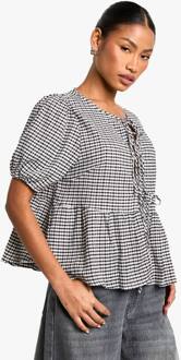 Gingham Top Met Strik Aan De Voorkant, Pofmouwen En Smock Top, Black - 40