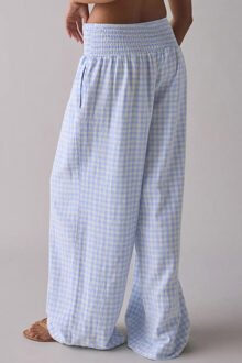 Gingham Wijde Pantalon met Rimpelluiting Lichtblauw
