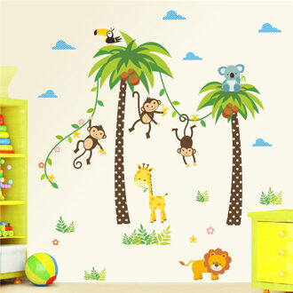 Giraffe Lion Monkey Palm Tree Forest Animals Muurstickers Voor Kinderkamer Kinderen Slaapkamer Muurstickers Nursery Decor Poster Muurschildering