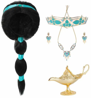 Girls Aladdin Princess Accessory Jasmine Party Tiara Crown Necklace Earrings Magic Lamp Synthetic Hair Kids Jasmine Dress up Wig