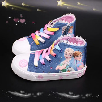 Girls Canvas Shoes Frozen Aisha Princess Girls Denim Shoes Spring Board Shoe Big Kids Casual Single Shoes Lace-Up Anti-Slippery