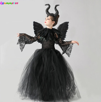 Girls Halloween Evil Witch Black Gown Tutu Dress with Feather Shawl Kids Dark Queen Villain Cosplay Costume Maleficent Dress