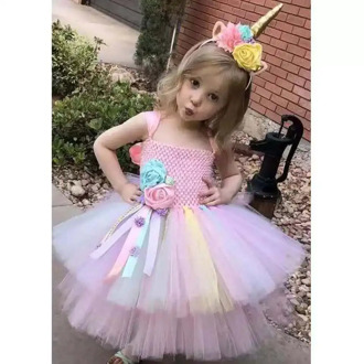 Girls Pink Unicorn Flower Tutu Dress Kids Fluffy Tulle Dress Ball Gown Birthday Party Halloween Unicorn Tutu Costume
