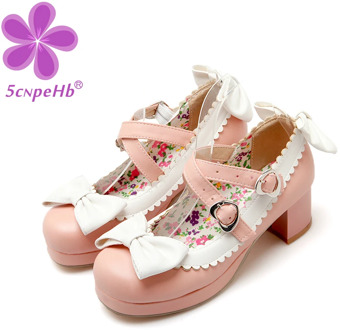 Girls Pumps Lolita Shoes Women Cosplay Party Platform High Heel Pink Mary Janes Shoes with Butterfly-knot Plus Big Size 34-46
