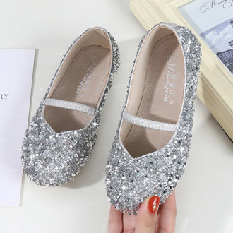 Girls Shoes Children Princess Shoes Flats Simple Elegant Glitter Sequined Leather Shoes For Wedding Party Show Kids Loafers Soft