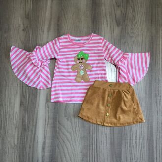 Girlymax Kerst Set Meisjes Rok Outfit Roze Streep Bell Mouwen Gingerbread Geborduurde Raglan Met Bruin Jurk 4T