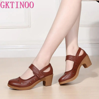 GKTINOO 2020 Cut Out Women Pumps Breathable Women Shoes Hook&Loop Thick High Heels Soft Mary Janes Dancing Shoes Leather