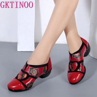 GKTINOO 2020 Ethnic Style Handmade Women Shoes Pumps Genuine Leather Square Heels Round Toe Low Heels