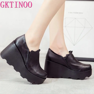 GKTINOO 2020 High Wedges Platform Pumps For Women Genuine Leather High Heels Platform Round Toe Pump Women's Shoes Zapatos Mujer