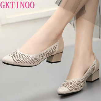 GKTINOO 2020 New Summer Fashion Pumps Cut-outs Women Crystal Casual Ladies Shoes High Heels Tenis Feminino Genuine Leather