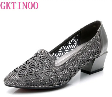GKTINOO 2020 Rhinestone Med Heels Women shoes Soft Genuine Leather Female Shoes Women Slip On Footwear Square Heel Ladies Shoes