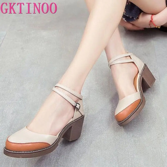 GKTINOO 2020 Shoes Woman 100% Genuine Leather Women Pumps Lady Leather Round Toe Platform Shallow Mouth Shoes Size 34-40 #3229