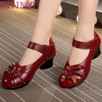 GKTINOO 2020 Spring and summer Ethnic Style Genuine Leather Handmade Shoes Women Mid Heels Pumps Round Toe High Heels