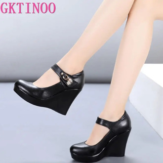 GKTINOO 2020 Spring Autumn Genuine Leather Women's Fashion High Heels Pumps Wedges Black Color Female Platform Shoes Large size