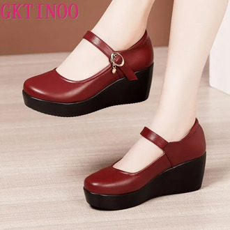 GKTINOO 2020 Spring Leather Shoes Women Platform Wedges Shoe High Heels Round Toe Soft Sole White Women Pumps Large Size 33-43