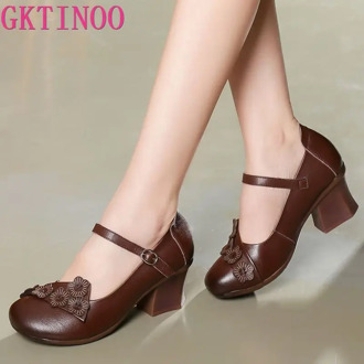 GKTINOO 2020 Spring Women Pumps Retro Lady 6CM High Heels Slip On Flower Pumps Handmade Women Genuine Leather Shoes