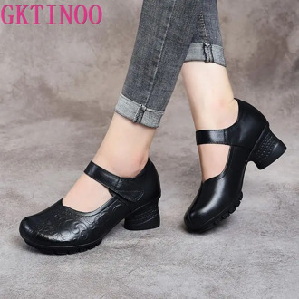 GKTINOO 2020 Vintage Women Pumps Comfortable Genuine Leather High Heel Shoes Women Round Toe Casual Thick Heel Mother Shoes