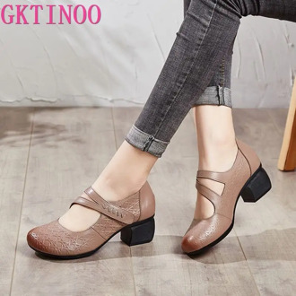 GKTINOO 2020 Vintage Women Pumps Comfortable Genuine Leather High Heel Shoes Women Round Toe Casual Thick Heel Mother Shoes