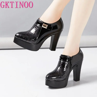 GKTINOO Block Heel Deep Mouth Platform Pumps Leather Women Shoes 2020 High Heels Shoes Ladies Office Party Shoe Plus Size 33-43