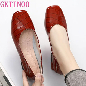 GKTINOO Brand Shoes Low Heel Ladies Pumps Genuine Leather Square Toe Colorful Square Heels Party Handmade Shoes Women
