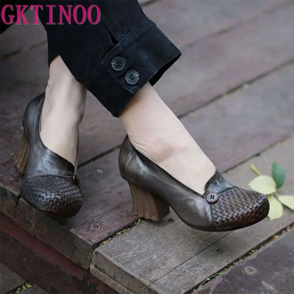 GKTINOO Genuine Leather Women Pumps 2020 Spring Set Foot Lazy Shoes 6CM High Heels Gray Retro Handmade Leather Pumps Brand