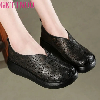 GKTINOO Genuine Leather Women Summer Shoes 6CM High Heels Hollow Out Pumps Retro Leather Women Wedges Shoes Handmade
