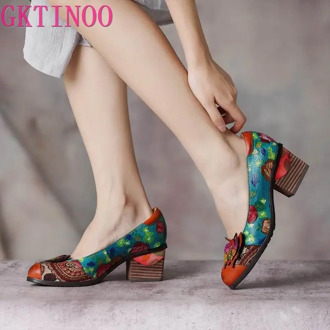 GKTINOO Original Spring New Thick Heels Women Shoes Genuine Leather National Style Flowers Round Toe Handmade Shoes Size 41-42