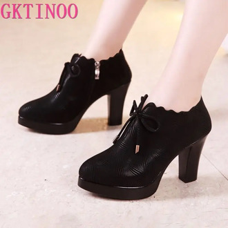 GKTINOO Plus Size 33-43 Block Heel Deep Mouth Platform Pumps Women Shoes 2020 Black High Heels Shoes Ladies Leather Shoe Office