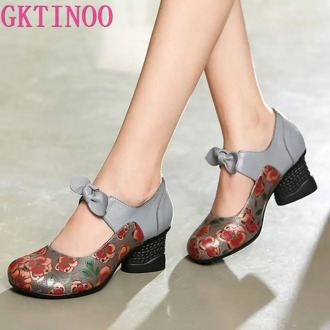 GKTINOO Retro New Autumn Bow Handmade Genuine Leather Shoes Woman Fashion Shoes Women High Heel Shoes Non-slip Lady Pumps