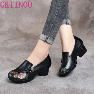 GKTINOO Spring Autumn National Style Women Pumps Printing Flowers Round Toe Genuine Leather Women Thick Heel Shoes Big Size 41
