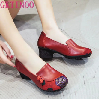 GKTINOO Spring Autumn National Style Women Pumps Printing Flowers Round Toe Genuine Leather Women Thick Heel Shoes Big Size 41