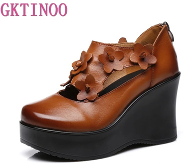 GKTINOO Spring Shoes Woman Genuine Leather Pumps Wedges High Heels Shoes Retro Flower Women Shoes Platform Women Pumps