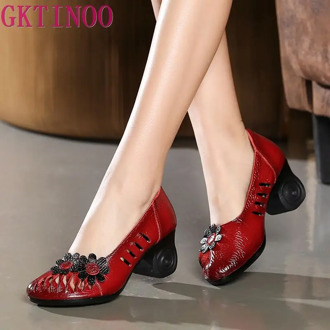 GKTINOO Summer Autumn 2020 Ethnic Style Genuine Leather Handmade Shoes Women Round Toe Pumps Hollow Flower High Heels