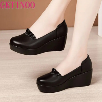 GKTINOO Wedges Shoes for Women 2020 Autumn Spring Platform Pumps Woman High Heels Leather Office Shoes Ladies Plus Size 33-43