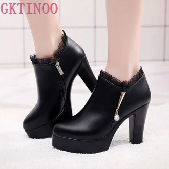 GKTINOO Women Leather Shoes Autumn Round Toe Platform Female Pumps Casual Square High Heels Ladies Single Shoes Plus Size 33-43