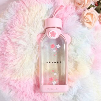 Glas Cup Cherry Blossom Water Fles Sport Outdoor Cup Siliconen Bekerhouder Zilver