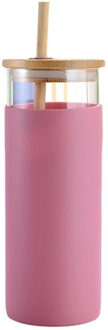 Glas Cups Fles Reizen Mok Met Siliconen Beschermhoes Met Bamboe Deksel En Stro roos rood