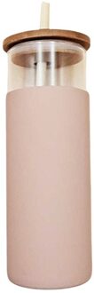Glas Cups Fles Reizen Mok Met Siliconen Beschermhoes Met Bamboe Deksel En Stro Roze