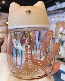 Glas Water Fles Leuke Creatieve Kat Cup Mode Cool Mini Glas Cup Kleurverloop Draagbare Handige Fles Japanse Stijl beige