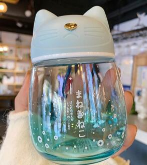 Glas Water Fles Leuke Creatieve Kat Cup Mode Cool Mini Glas Cup Kleurverloop Draagbare Handige Fles Japanse Stijl blauw